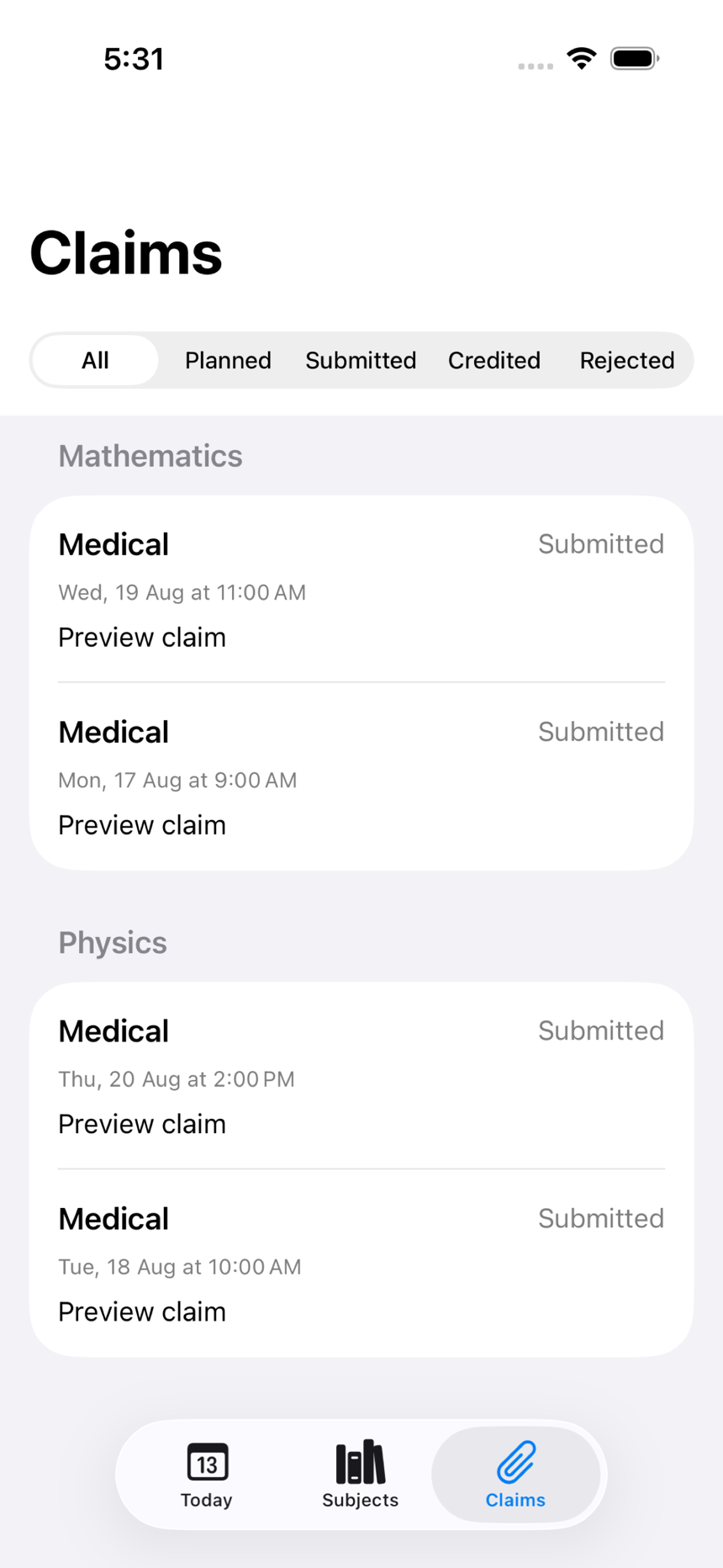 Claims screen for legitimate absences