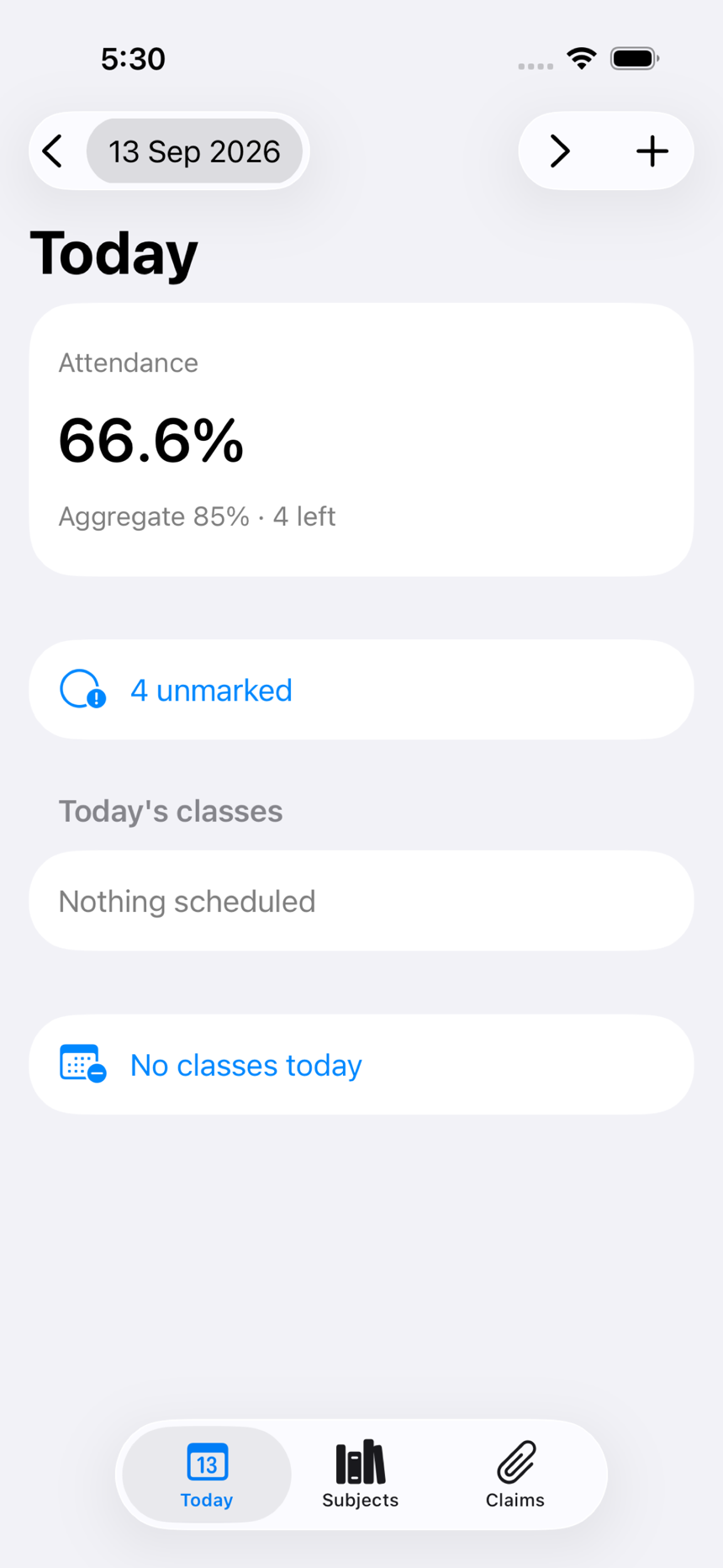 Today screen showing aggregate attendance and class list